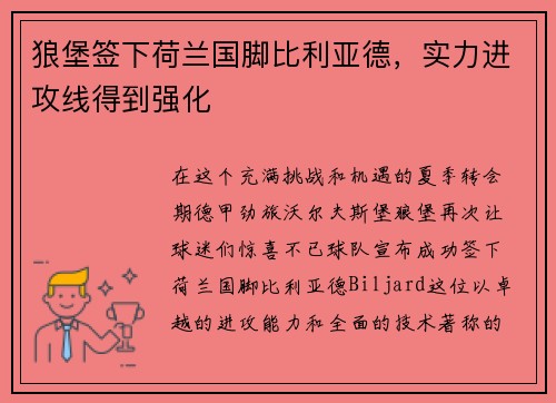 狼堡签下荷兰国脚比利亚德，实力进攻线得到强化
