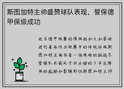 斯图加特主帅盛赞球队表现，誓保德甲保级成功