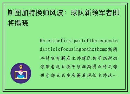 斯图加特换帅风波：球队新领军者即将揭晓