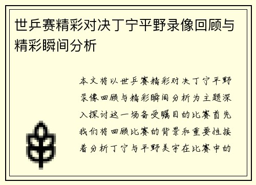 世乒赛精彩对决丁宁平野录像回顾与精彩瞬间分析