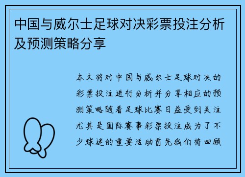 中国与威尔士足球对决彩票投注分析及预测策略分享