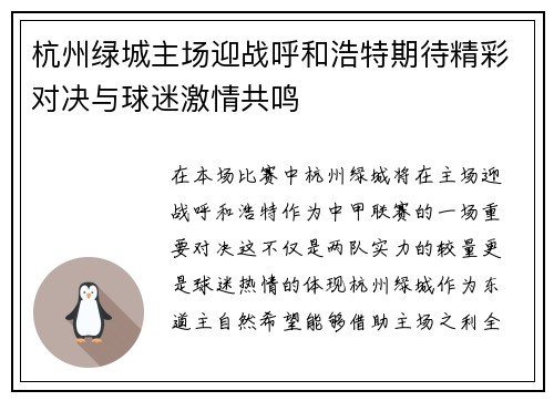 杭州绿城主场迎战呼和浩特期待精彩对决与球迷激情共鸣