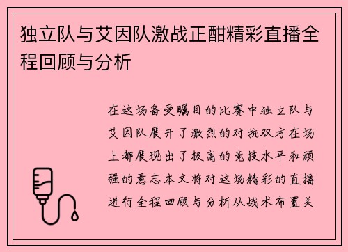 独立队与艾因队激战正酣精彩直播全程回顾与分析