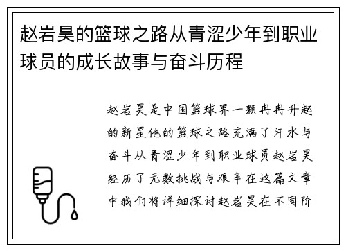 赵岩昊的篮球之路从青涩少年到职业球员的成长故事与奋斗历程
