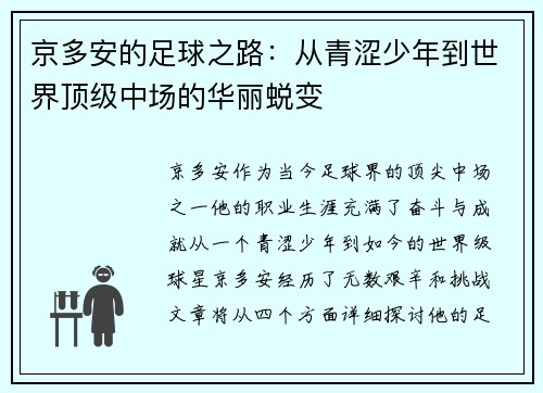 京多安的足球之路：从青涩少年到世界顶级中场的华丽蜕变