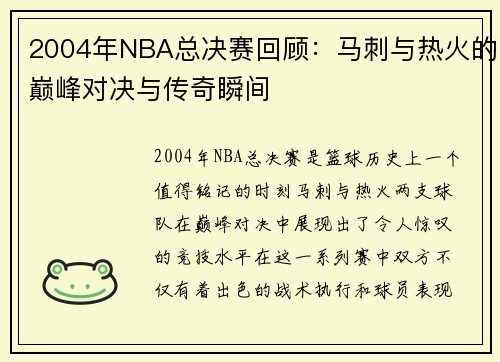 2004年NBA总决赛回顾：马刺与热火的巅峰对决与传奇瞬间