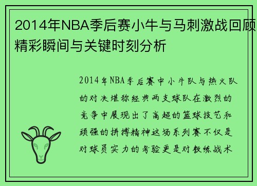 2014年NBA季后赛小牛与马刺激战回顾精彩瞬间与关键时刻分析