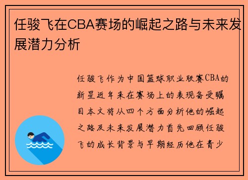 任骏飞在CBA赛场的崛起之路与未来发展潜力分析