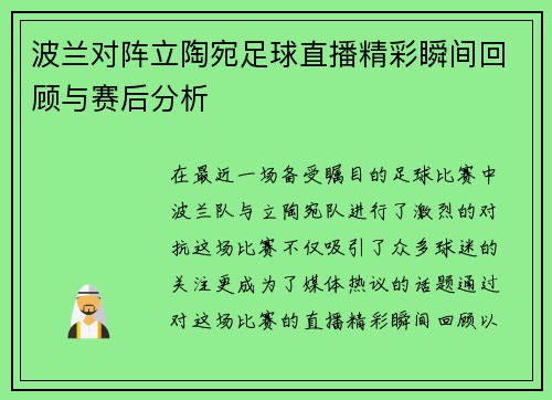 波兰对阵立陶宛足球直播精彩瞬间回顾与赛后分析