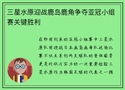 三星水原迎战鹿岛鹿角争夺亚冠小组赛关键胜利