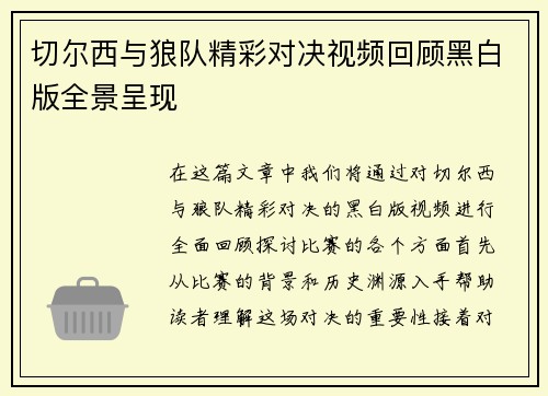 切尔西与狼队精彩对决视频回顾黑白版全景呈现