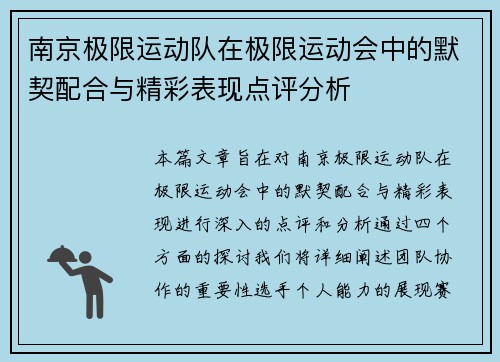 南京极限运动队在极限运动会中的默契配合与精彩表现点评分析