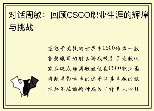 对话周敏：回顾CSGO职业生涯的辉煌与挑战