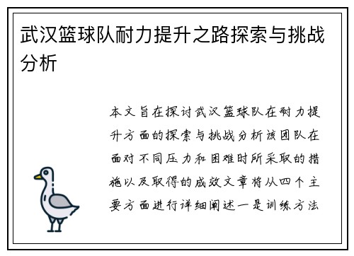 武汉篮球队耐力提升之路探索与挑战分析