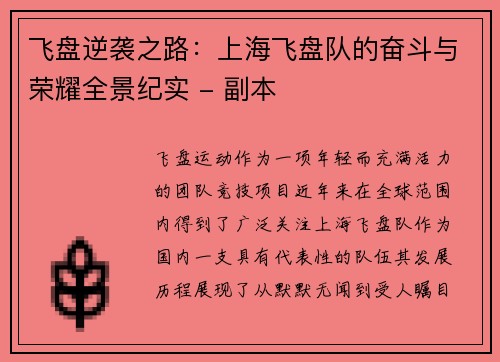 飞盘逆袭之路：上海飞盘队的奋斗与荣耀全景纪实 - 副本